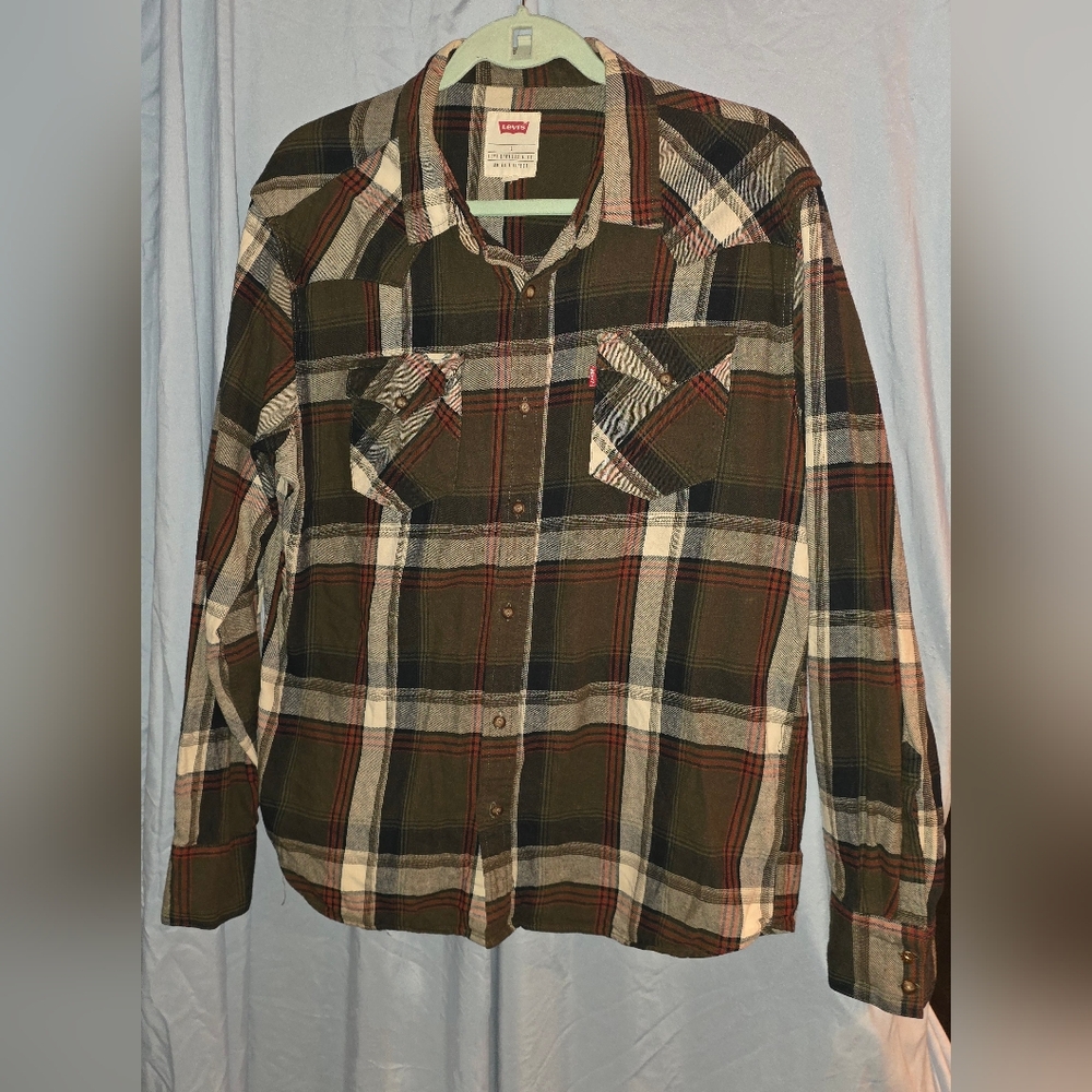 Levi's Men's Brown and Red Plaid Button-Down Shirt